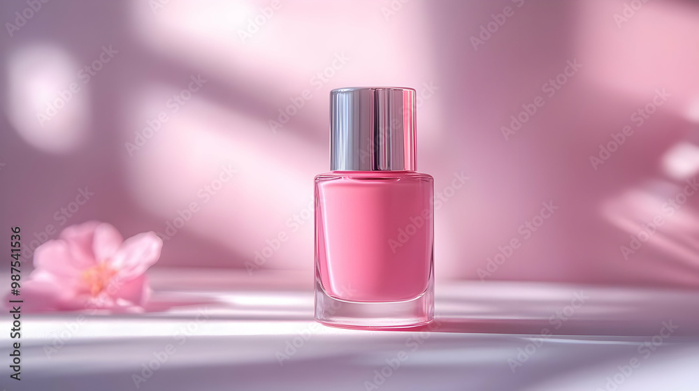 Pink nail polish bottle with soft floral accent, dreamy aesthetics, perfect for beauty and wellness themes.