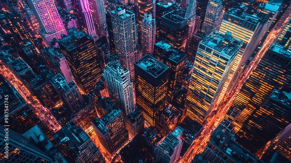 Aerial View of Cityscape at Night with Illuminated Skyscrapers and Street Lights