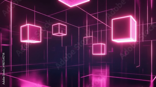 Floating 3D cubes made of glowing neon lines, suspended in a grid-like arrangement in an empty, dark space.
