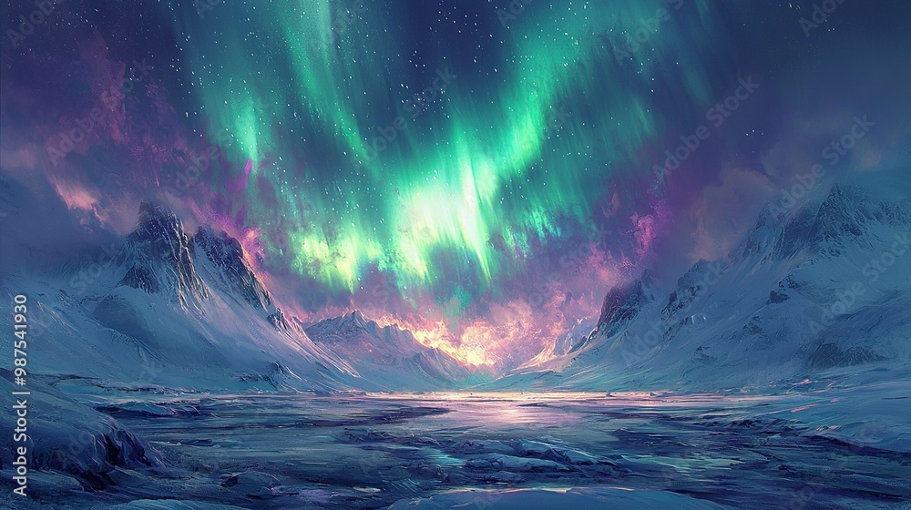 Fototapeta premium Mountain Aurora Lake Snow Foreground