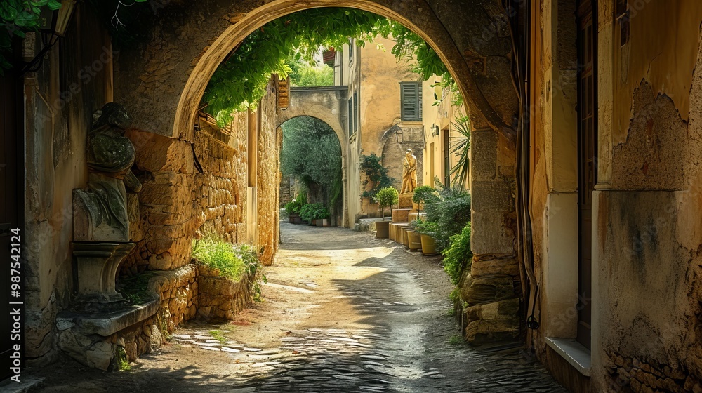 Naklejka premium Hidden Oasis: Discover the Enchanting Archway Leading to a Secret Garden