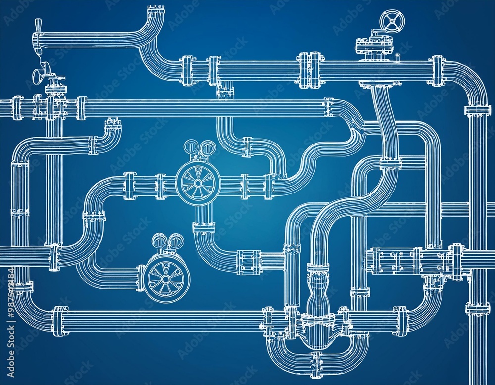white piping on a blue background for water, gas, oil. Illustration in line art style. white piping on a blue background for water, gas, oil. Illustration in line art style.