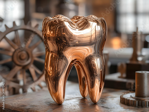 A shiny golden sculpture of a tooth, reflecting light beautifully in a vintage workshop setting. photo