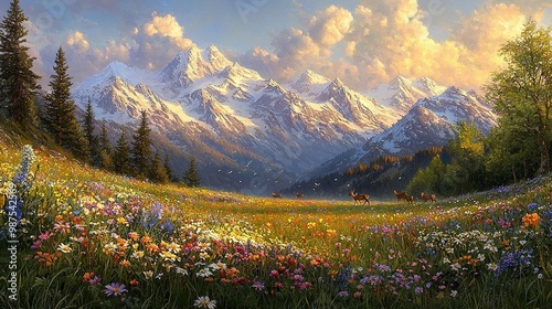  A stunning portrait of a majestic horse standing amidst a vibrant field of wildflowers against a picturesque mountain backdrop