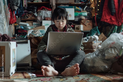 Elegant girl technology epitomizes modern youth and ambition. Elegant asian girl showcasing relaxed digital lifestyle focus. Connectivity Issues Affect Productivity in Remote Work.