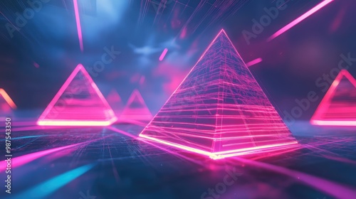 Floating 3D pyramids made of glowing neon lines, softly rotating in an infinite, surreal void. photo