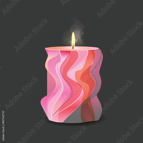 A pink wax candle burning on a dark background.