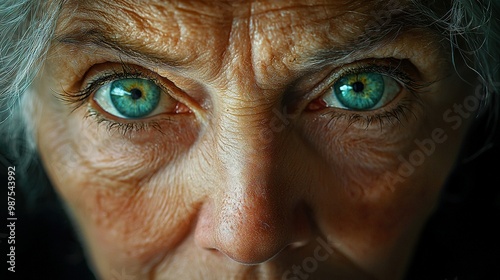  A close-up of a woman's face with blue and green eyes and visible wrinkles on her face