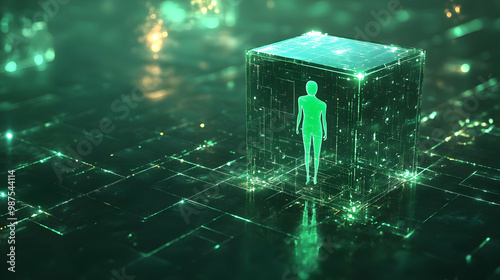 A futuristic scene featuring a glowing figure within a digital cube in a green, tech-inspired environment. photo