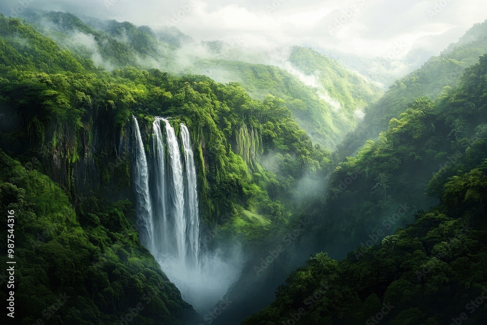 Fototapeta premium Stunning cascade streaming down verdant peaks, vapor rising from untamed streams, rich tones of thick forest, magnificent grandeur and wonder of the natural world