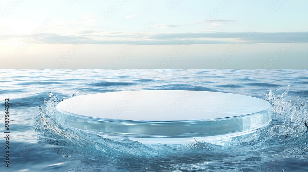A serene scene of a circular, transparent object floating on water, reflecting the soft colors of the sky above. A serene scene of a circular, transparent object floating on water, reflecting the soft colors of the sky above.