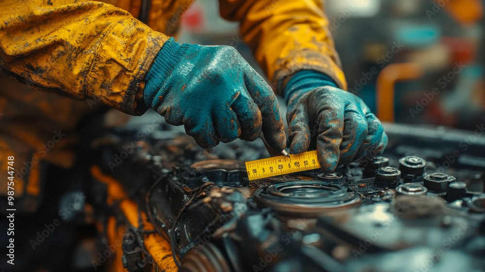Fototapeta premium Mechanic in yellow gear working on a greasy engine, measuring parts with precision