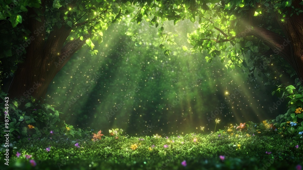 Obraz premium Magical forest glade with sunlight rays and sparkling particles on lush green grass.