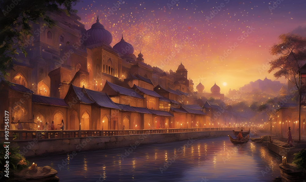 Fototapeta premium Glittering candles and lanterns on Diwali, symbolizing the victory of goodness