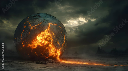 A fiery, molten sphere amidst dark, ominous clouds, representing climate change and Earth's volatile nature. photo