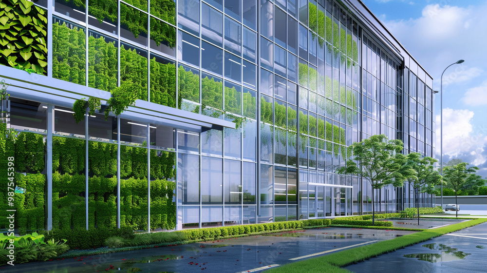Fototapeta premium A high-tech building with large windows and green walls, showcasing energy-efficient design and natural light use.