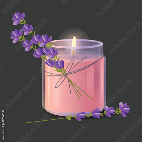 A wax candle is like burning, with flowers next to it.