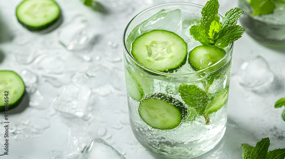 Refreshing cucumber mint drink served in a clear glass with ice, garnished with fresh mint leaves. Refreshing cucumber mint drink served in a clear glass with ice, garnished with fresh mint leaves.