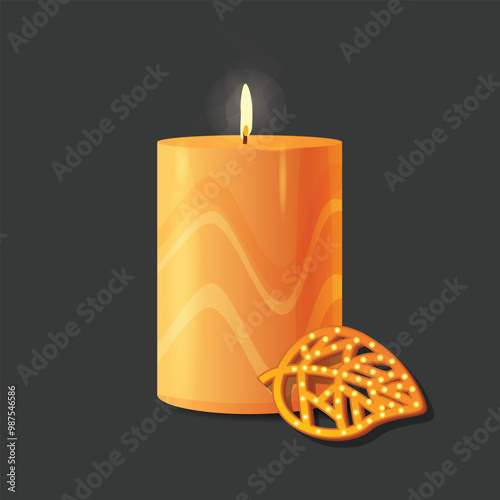 A wax candle burning on a dark background.