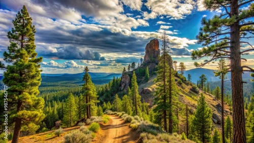 Ponderosa pines rise majestically above a winding mountain trail in Ochoco National Forest, Central Oregon, as the sun casts a warm glow on the landscape. photo