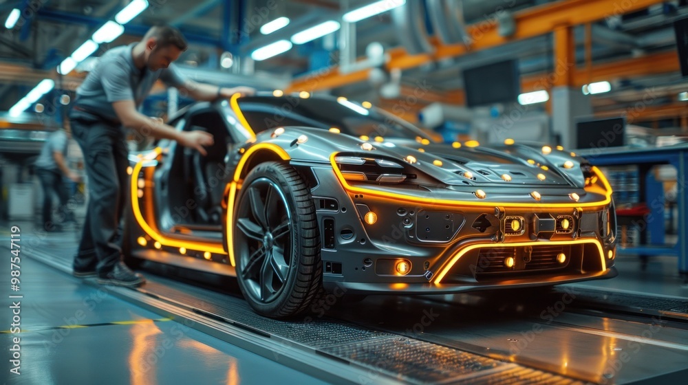 Automotive Engineer Working on Electric Car Chassis Platform, Using Tablet Computer with Augmented Reality 3D Software. Automotive Engineer Working on Electric Car Chassis Platform, Using Tablet Computer with Augmented Reality 3D Software.