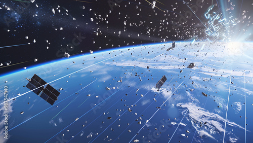 A satellite narrowly avoiding collision with a piece of space debris, showing the importance of space traffic management photo