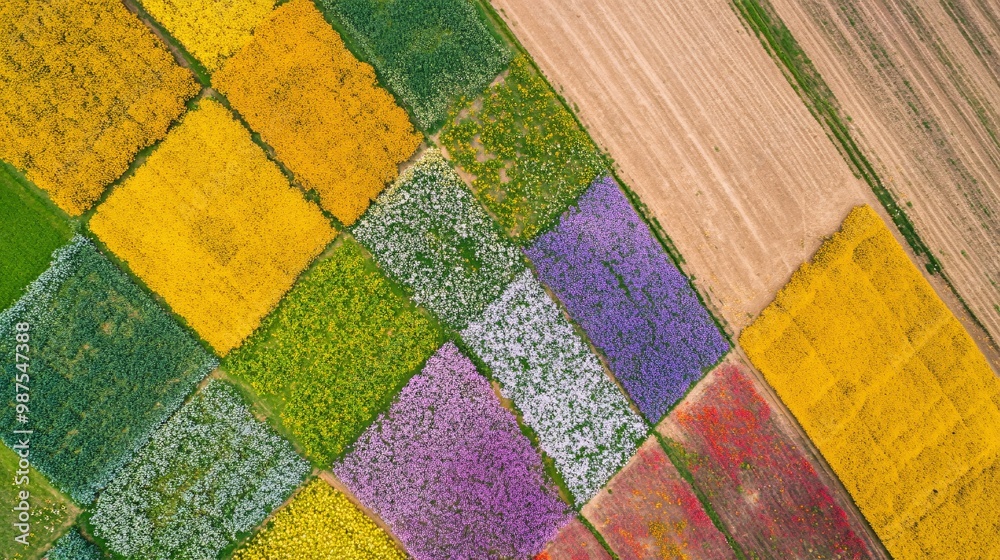 Aerial View of Colorful Flower Fields Geometric Patterns in Nature Agriculture Landscape Aerial View of Colorful Flower Fields Geometric Patterns in Nature Agriculture Landscape