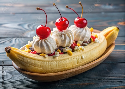 Rich and creamy sweet treats loaded with sliced bananas, scoops of ice cream, and colorful toppings, finished with a vibrant cherry perched atop like a crown. photo