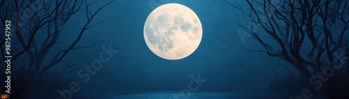 A serene night scene featuring a bright full moon rising above dark, silhouetted trees against a deep blue sky.