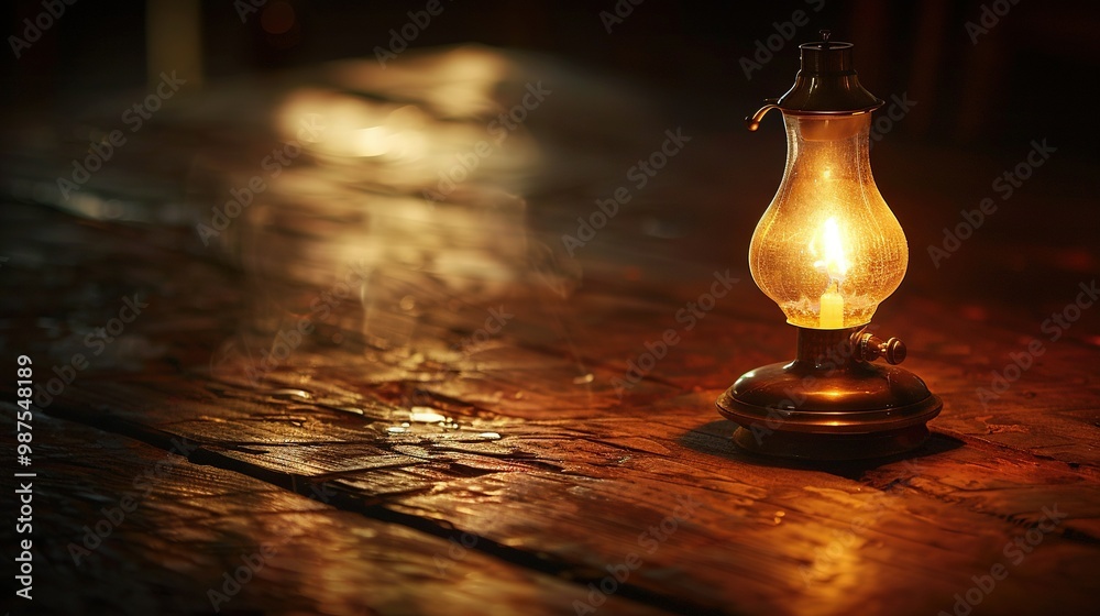 A lamp illuminates a wooden table with a hazy backdrop A lamp illuminates a wooden table with a hazy backdrop