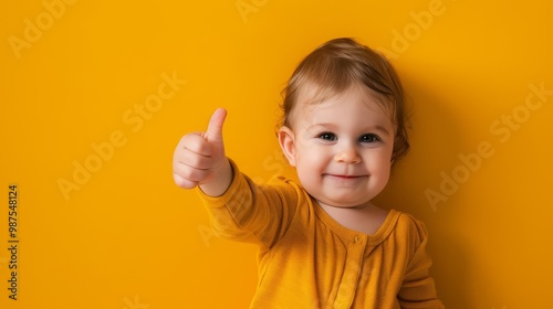 A cheerful toddler with light brown hair gives a thumbs-up against a vibrant yellow background, dressed in a matching outfit. image embodies joy, perfect for family-oriented projects.