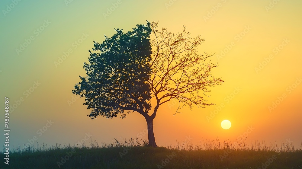 Eternal Cycle: Tree Half Green Half Bare in Golden Sunset Light Symbolizing Growth and Decay Eternal Cycle: Tree Half Green Half Bare in Golden Sunset Light Symbolizing Growth and Decay