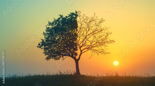 Eternal Cycle: Tree Half Green Half Bare in Golden Sunset Light Symbolizing Growth and Decay