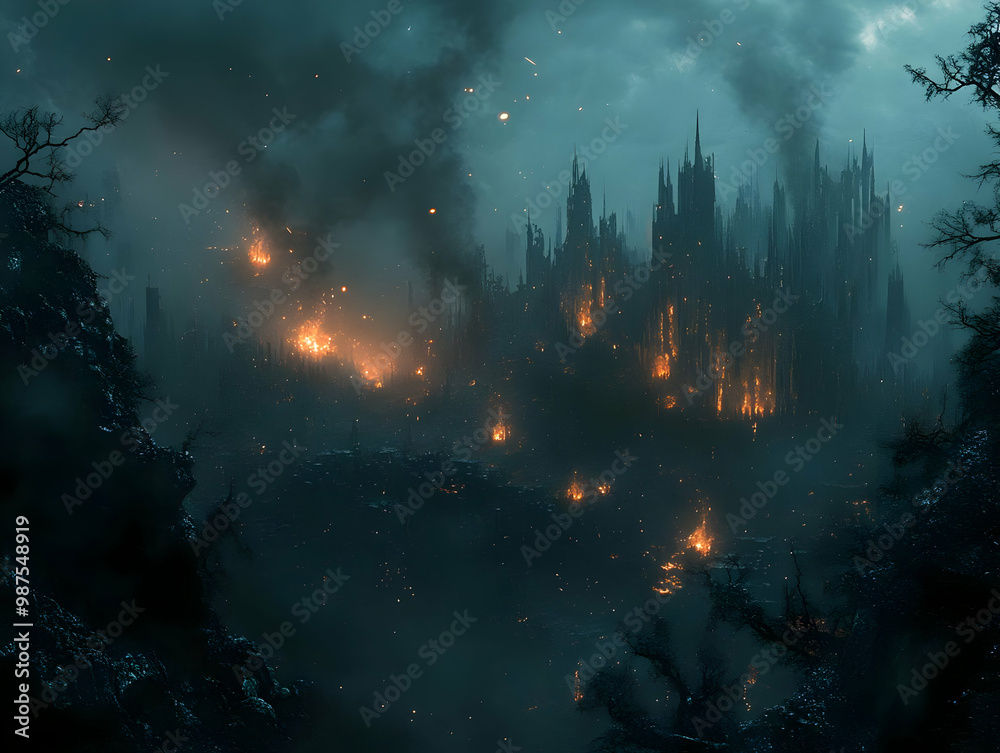 A dark, eerie landscape depicting a burning castle amidst a smoky forest under a stormy sky.