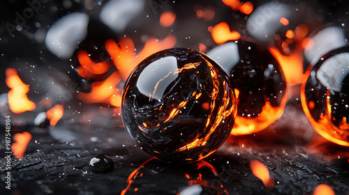 Abstract image featuring glowing lava spheres against a dark background. The dynamic scene is filled with energy, light, and motion as sparks fly around, creating a striking visual.