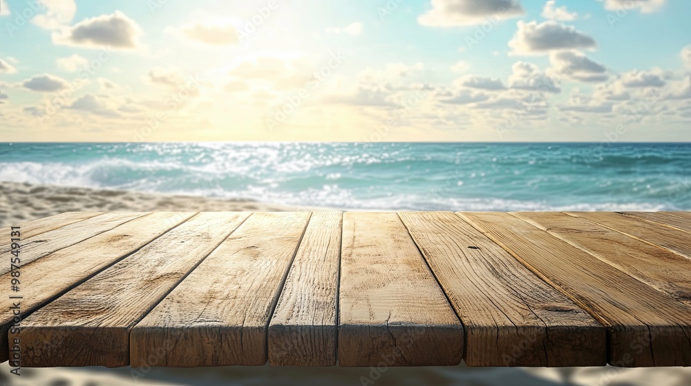 Wooden Plank Tabletop Overlooking a Coastal Seascape Wooden Plank Tabletop Overlooking a Coastal Seascape