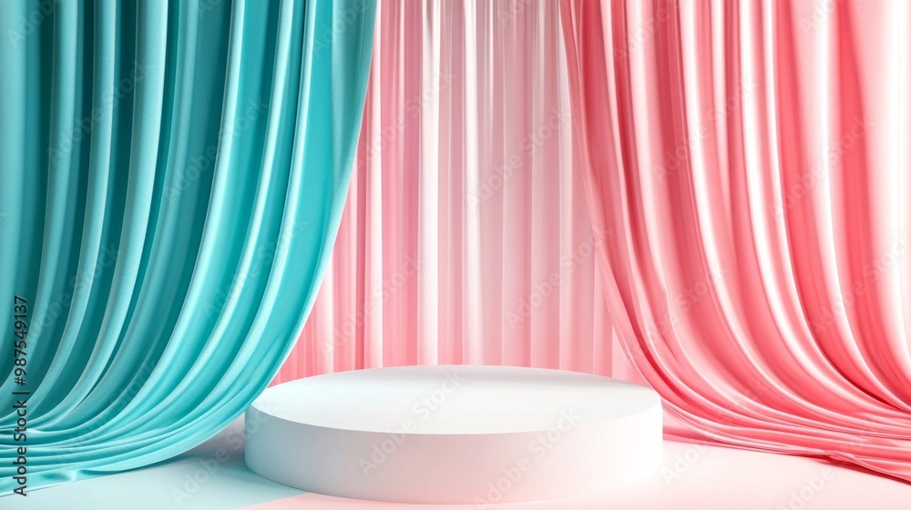 Abstract exhibition space, white podium hovering amidst flowing pink and teal drapes, creating an inviting atmosphere for showcasing innovative ideas and concepts. Abstract exhibition space, white podium hovering amidst flowing pink and teal drapes, creating an inviting atmosphere for showcasing innovative ideas and concepts.