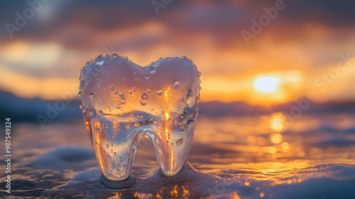 Wallpaper Mural A clear ice tooth sculpture on a beach at sunset, symbolizing dental health and hygiene. Torontodigital.ca