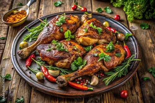 Savory Grilled Leg Quarters on a Rustic Platter with Fresh Herbs and Spices Ready to Serve