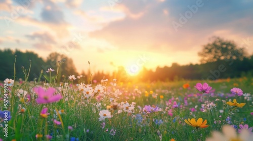 Serene sunset over a meadow full of blooming flowers. Gentle twilight colors in the sky and a calm, tranquil nature scene with a soothing light reflecting on the landscape.
