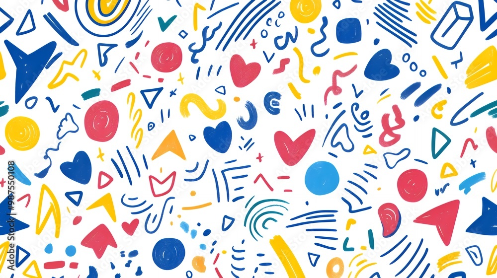 Colorful abstract doodles with hearts, circles, triangles, and squiggles in red, blue, yellow, and green on a white background. Seamless pattern for design & print Colorful abstract doodles with hearts, circles, triangles, and squiggles in red, blue, yellow, and green on a white background. Seamless pattern for design & print