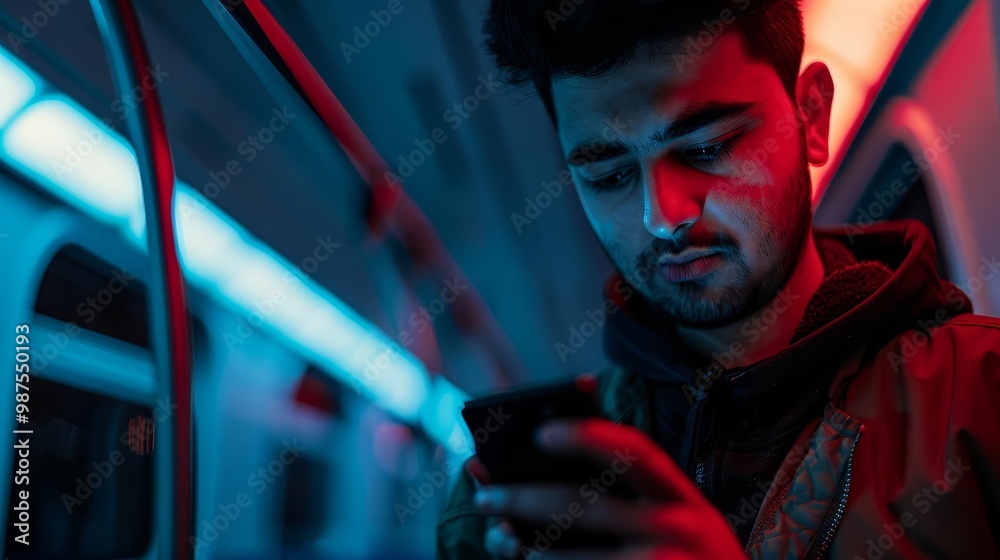 Young man using smartphone on subway train with neon lights. Young man using smartphone on subway train with neon lights.