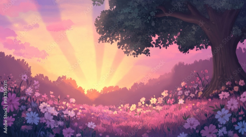 Sunset over a blooming meadow with vibrant fairytale colors. Calm and enchanting twilight. Sunset over a blooming meadow with vibrant fairytale colors. Calm and enchanting twilight.