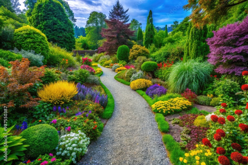 Obraz premium Serene gravel trails gracefully weave through a blooming garden, embraced by emerald foliage and vivid flowers, creating a harmonious escape into natureâ€™s charm.