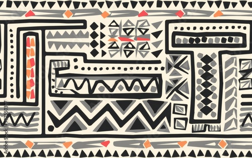 Abstract tribal pattern. Seamless geometric design with tribal art elements. Black, white, and gray pattern with red and orange accents. Great for textile design or background. photo