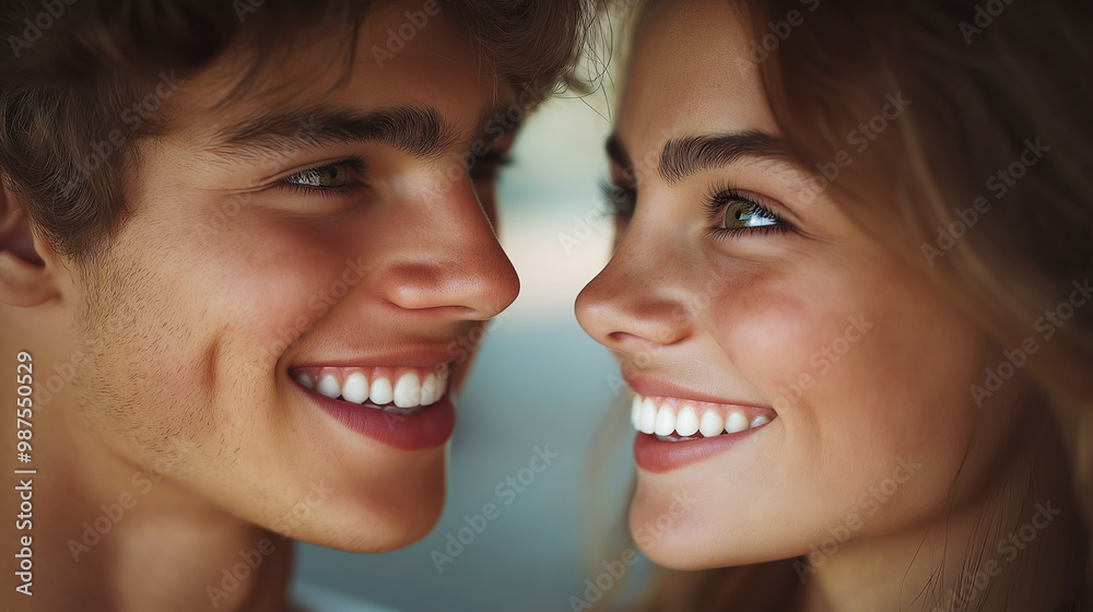 close-up of a young man and a young woman smiling at each other. International Smile Day concept. Positive mood. Beautiful smile. close-up of a young man and a young woman smiling at each other. International Smile Day concept. Positive mood. Beautiful smile.