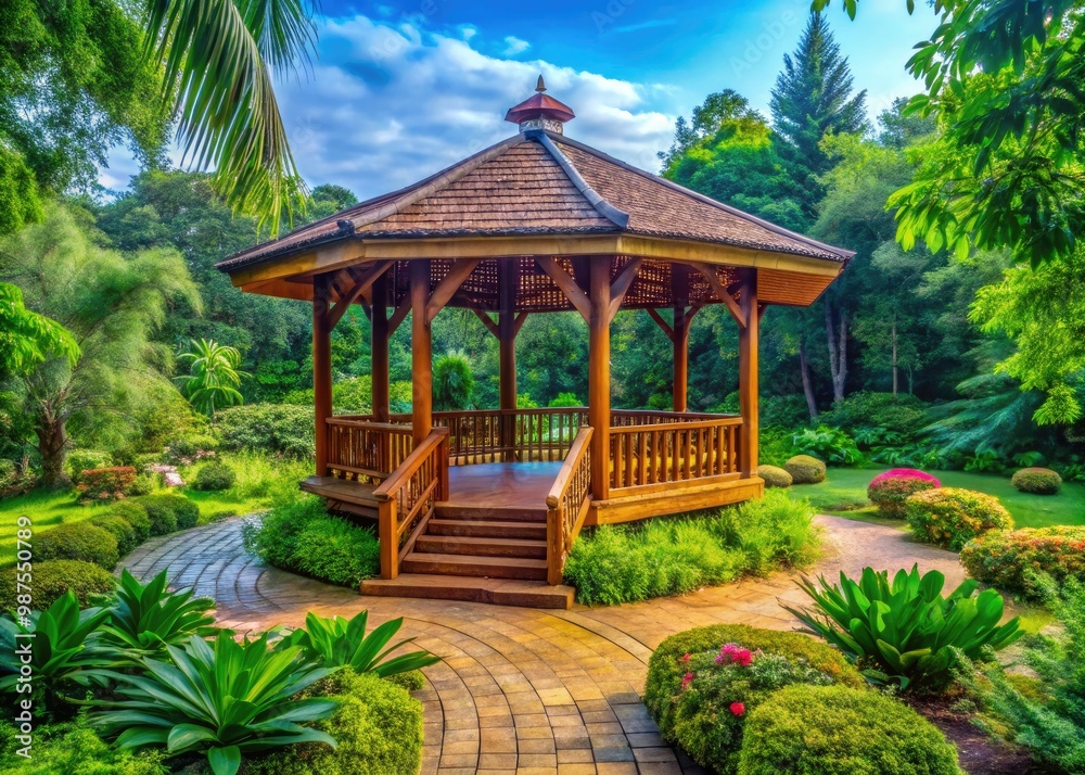 Serene Wooden Gazebo Surrounded by Lush Greenery in a Peaceful Outdoor Setting for Relaxation Serene Wooden Gazebo Surrounded by Lush Greenery in a Peaceful Outdoor Setting for Relaxation