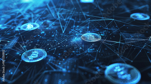 Blockchain concept with digital coins – floating cryptocurrencies connected by digital lines, representing the blockchain network. photo