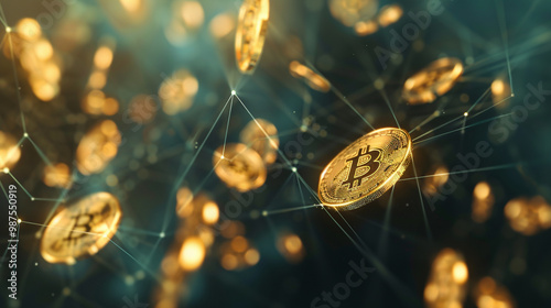 Blockchain concept with digital coins – floating cryptocurrencies connected by digital lines, representing the blockchain network.