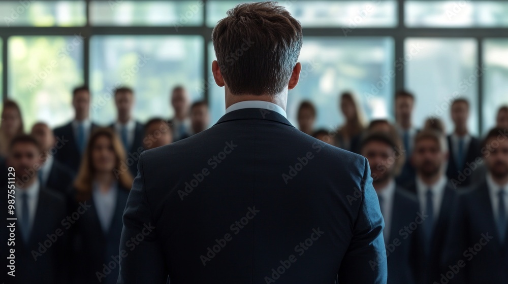 Fototapeta premium Authoritative figure in a suit, confidently facing a crowd of employees, embodying leadership and power, highlighting the dynamics of workplace hierarchy and influence.
